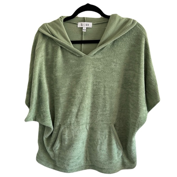 OLI | VIV Sage Green Hooded Short Sleeve Sweatshirt Pocket Sz L Terry Lounge - Picture 13 of 15